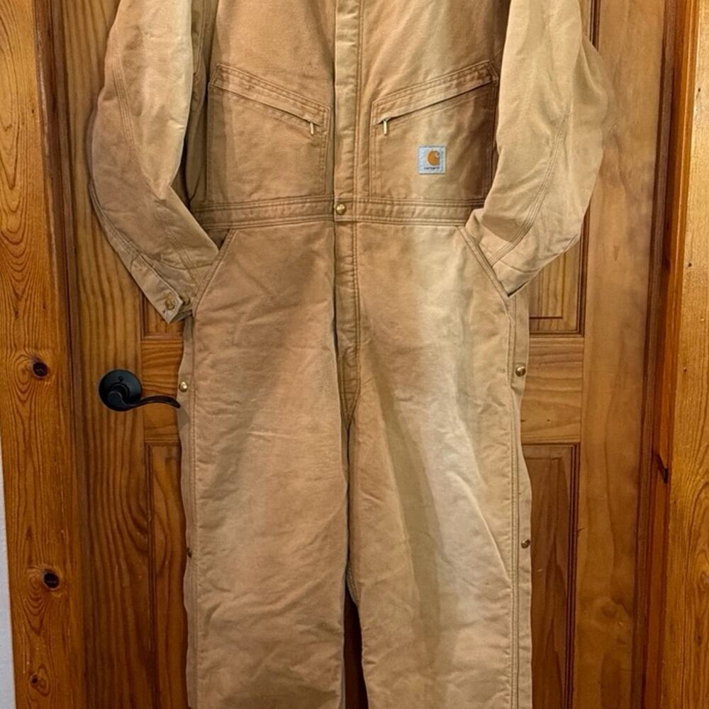 VTG Carhartt Insulated Duck Coveralls Tan Red Lined Workwear 46. Discolored!